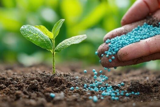 Blue compound fertilizer granules being applied by hand beside a young seedling
