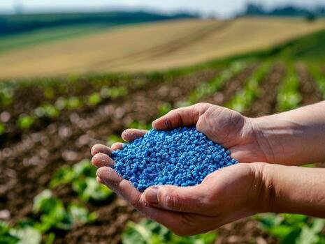 Cupped hands holding blue compound fertilizer granules in front of a ploughed field
